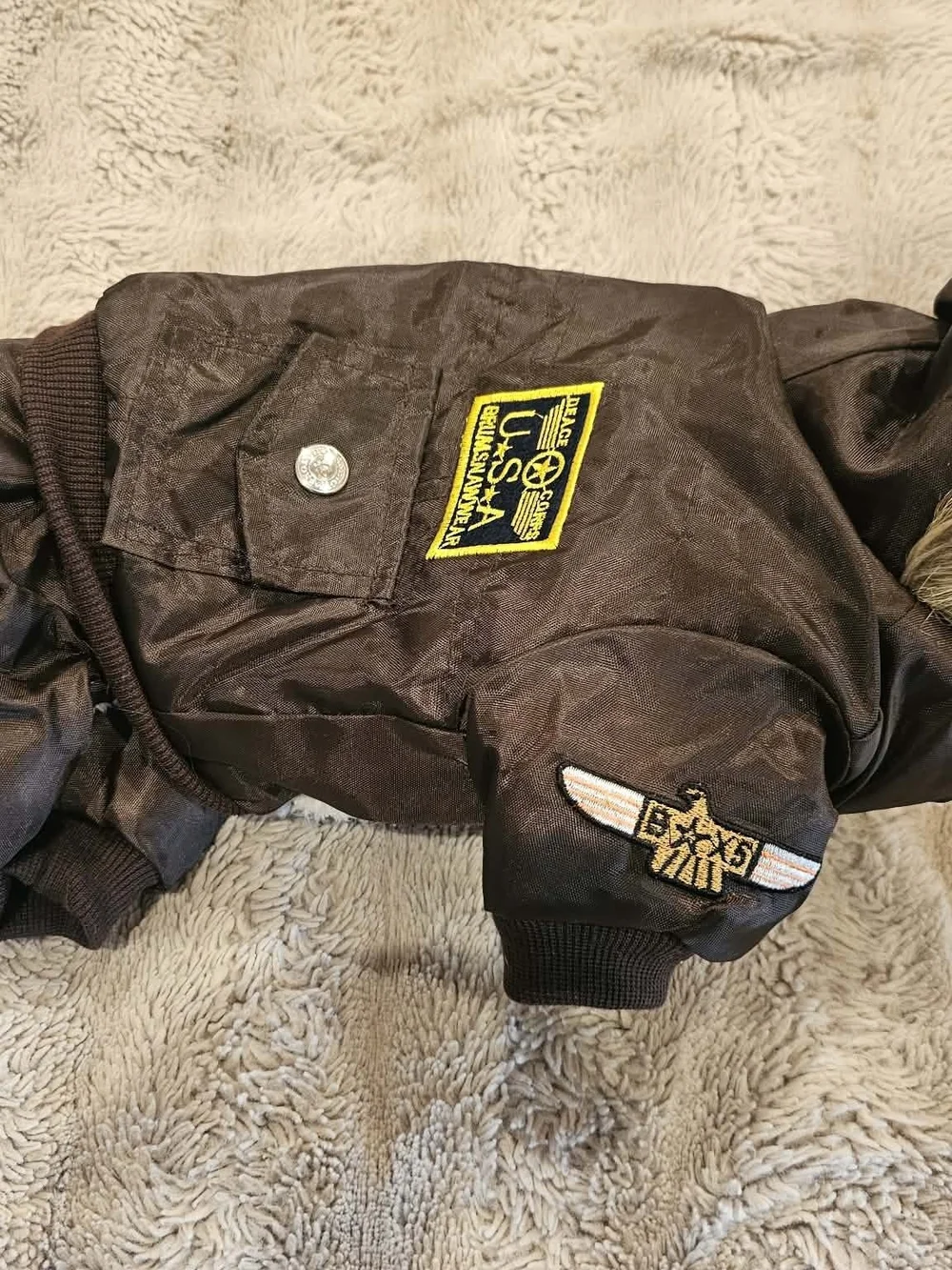 Kids Brown Hooded Flight-Style Jacket with Patches